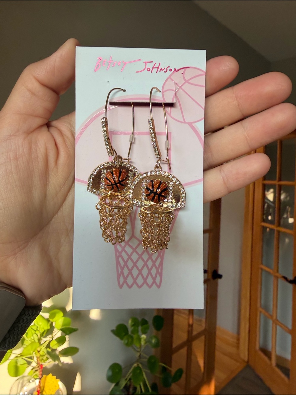 Betsey Johnson Rose Gold Basketball Hoop Dangle Earrings with Crystals